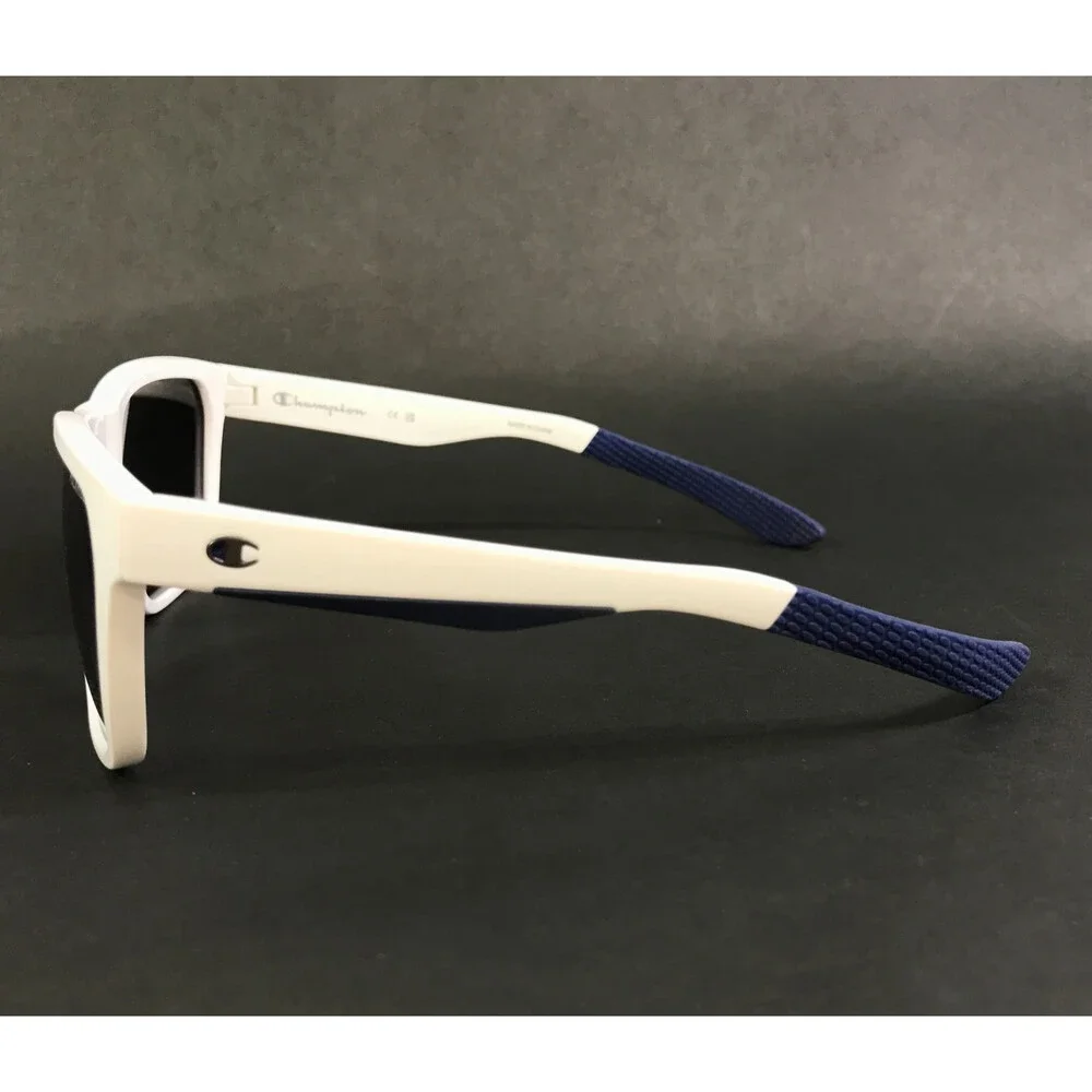 Champion Sunglasses AMP C03 White Square Frames with Dark Grey Polarized Lenses